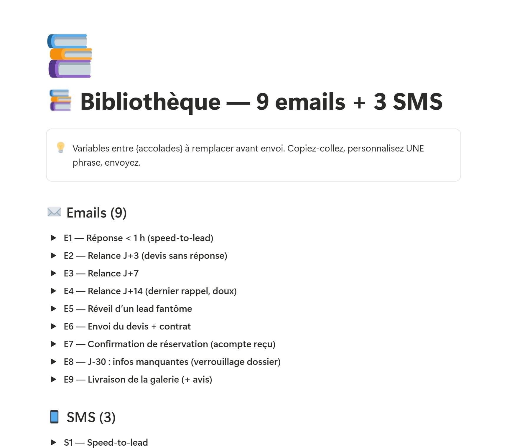 Capture réelle de la bibliothèque de messages du template : neuf e-mails et trois SMS prêts à copier, avec les variables à personnaliser