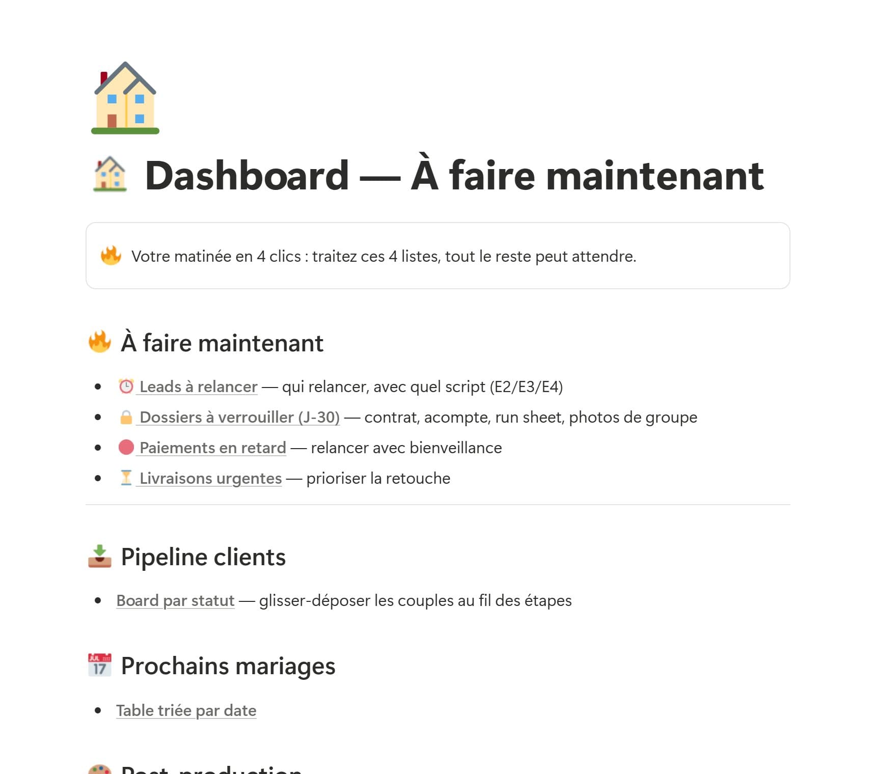 Capture réelle du tableau de bord du template : les quatre listes du matin, leads à relancer, dossiers à verrouiller à J-30, paiements en retard, livraisons urgentes